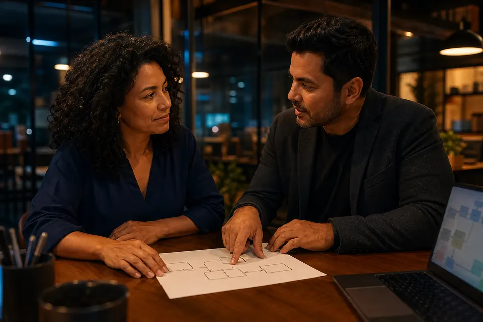 Cena ilustrativa de uma empresária e um consultor analisando juntos os processos de um negócio.