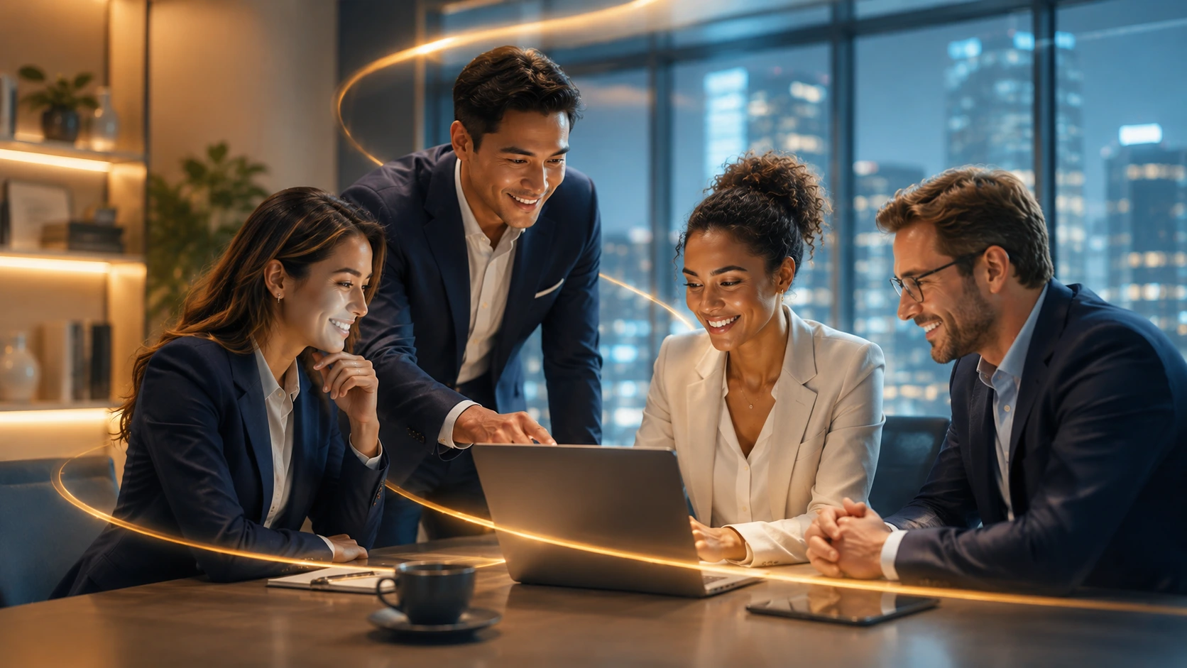 Equipe empresarial sorrindo em reunião de crescimento